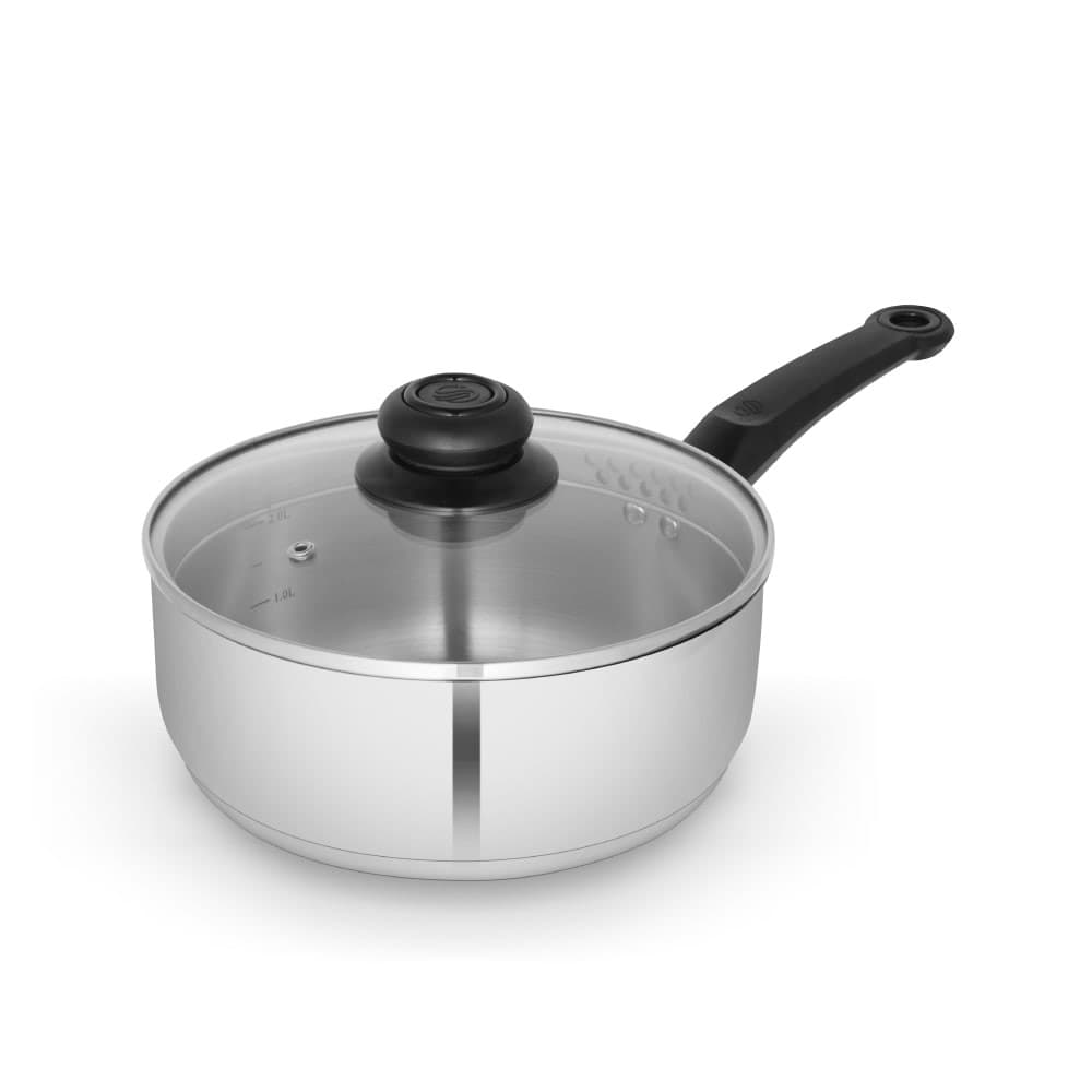 16cm stainless steel saucepan with a shiny silver finish, a black plastic handle, and a transparent glass lid featuring a black knob on top.