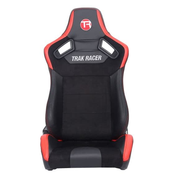Reclining sport seat featuring a leather-style outer in black with red accents, a suede center, and the "TRAK RACER" logo on the headrest, designed for sim cockpits.