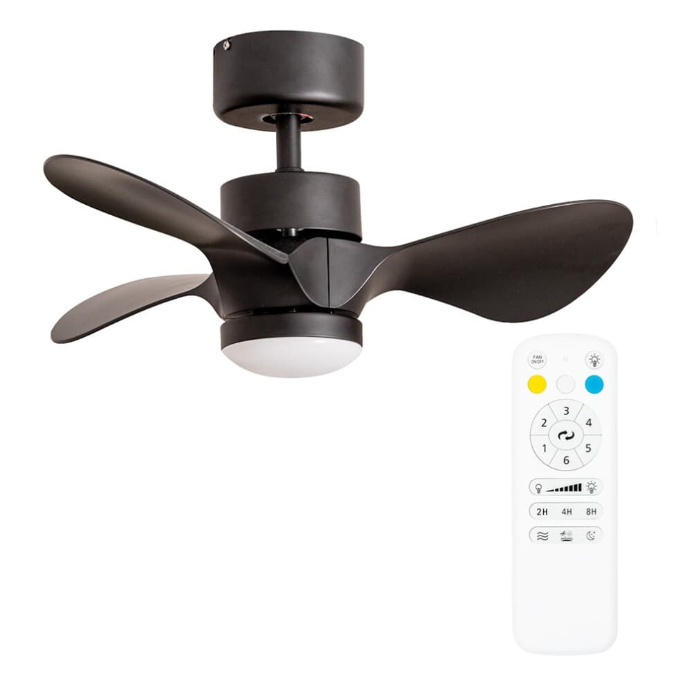 Matte black 24-inch ceiling fan with three blades and a central light, accompanied by a white remote control featuring various buttons for operation.