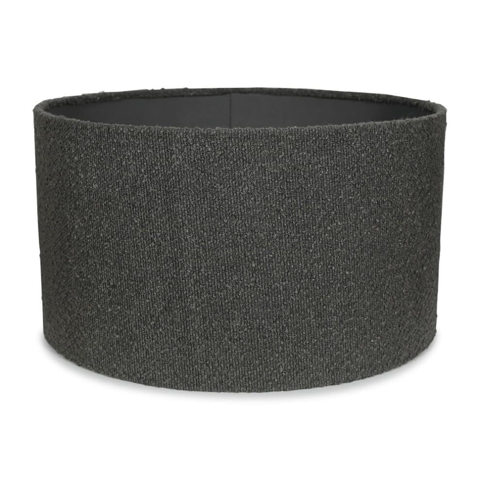 Large drum ceiling lamp shade in charcoal grey boucle fabric, featuring a textured surface and a simple, modern design suitable for easy fitting.