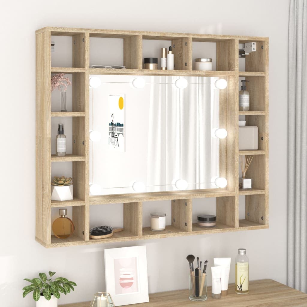 Brown Sonoma oak mirror cabinet featuring LED lights, multiple shelves for storage, and a central mirror, measuring 91x15x76.5 cm, ideal for modern decor.