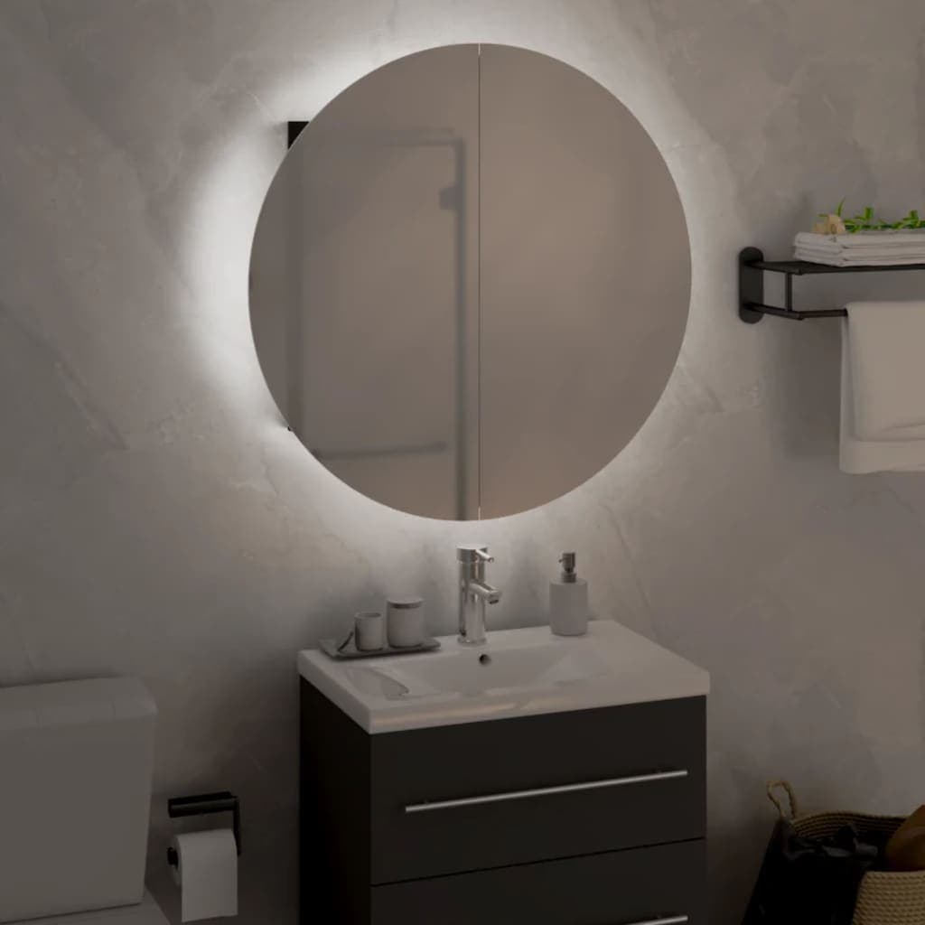 Black bathroom cabinet made of engineered wood with a sleek design, featuring a glossy surface, two mirrored doors, and a modern sink with a faucet.
