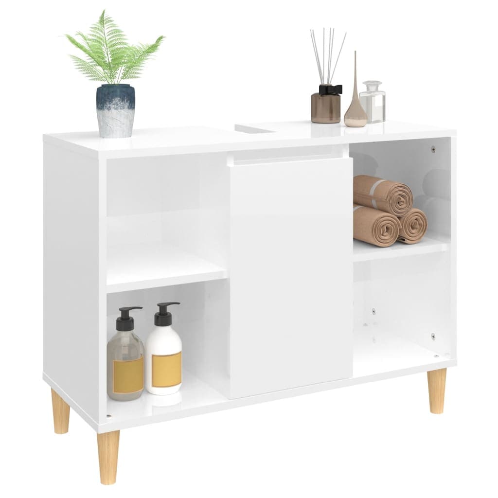 vidaXL Single Door 4 Open Shelf High Gloss White Bathroom Sink Cabinet - image 4