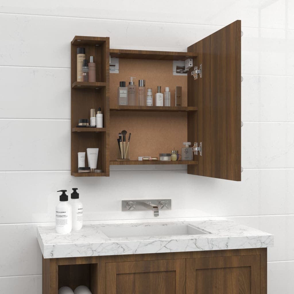 vidaXL Single Door 6 Open Shelf Brown Oak LED Mirror Bathroom Cabinet - image 4