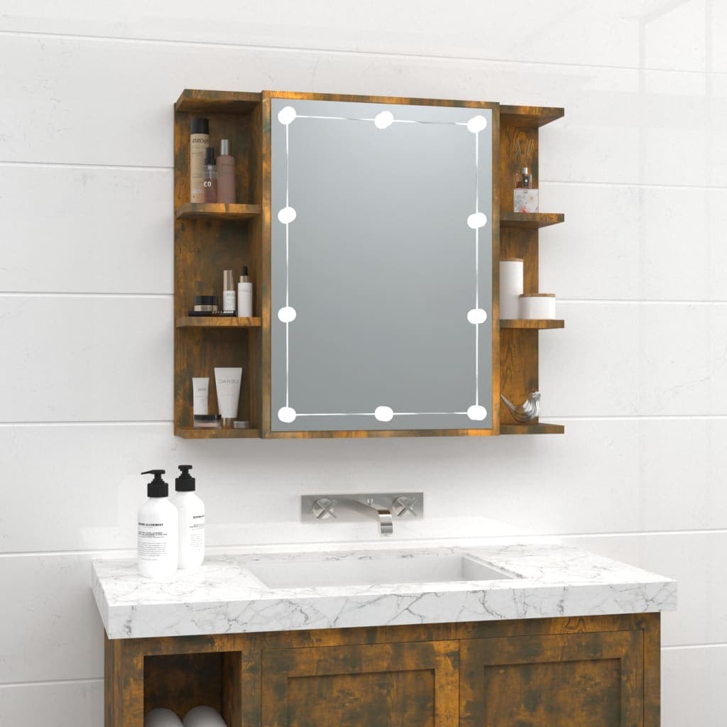 Mirror cabinet in smoked oak finish, featuring LED lights, two side shelves for storage, and a sleek rectangular mirror, designed for modern bathrooms.
