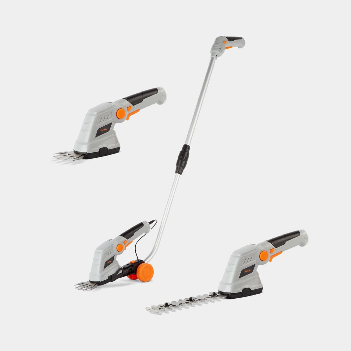 Cordless VonHaus 7.2V 2in1 grass and hedge trimmer in grey, featuring interchangeable heads, an ergonomic handle, and orange accents for easy use and maneuverability.