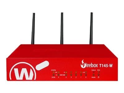Red WatchGuard Firebox T145-W appliance with three antennas, featuring status indicator lights and a sleek, modern design.