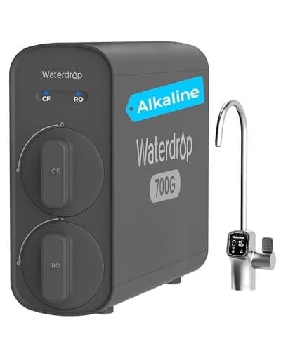 Compact black water filter system with two control knobs labeled "CF" and "RO," featuring a digital display and a sleek silver faucet for alkaline reverse osmosis filtration.
