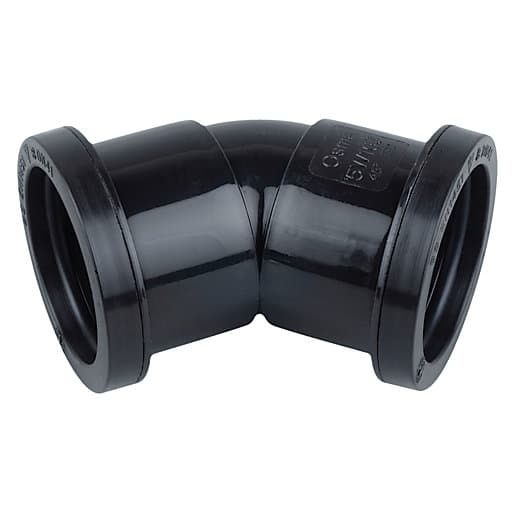 Black 45-degree push-fit bend made of durable plastic, designed for 40mm diameter pipes, featuring smooth edges and a sleek finish for easy installation.