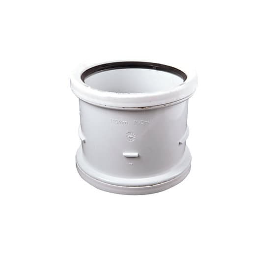 Wavin OsmaSoil D/S Repair Coupler in white, made of PVC-U, features a 110mm diameter with smooth edges and a sturdy, durable design for seamless drainage connections.