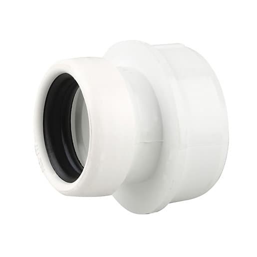 White plastic ring seal boss adaptor, 110 x 32mm, featuring a smooth exterior and a black rubber seal for secure connections.