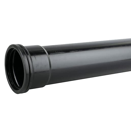 Black single socket pipe measuring 4m in length and 110mm in diameter, made of durable plastic with a smooth finish and a visible socket end for easy connection.