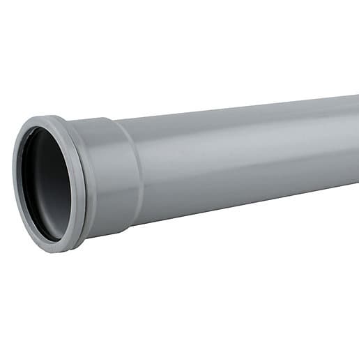 Grey 110mm diameter Wavin OsmaSoil S/S pipe, made of durable plastic, measuring 2 meters in length, featuring a smooth finish and a tapered end for easy connection.