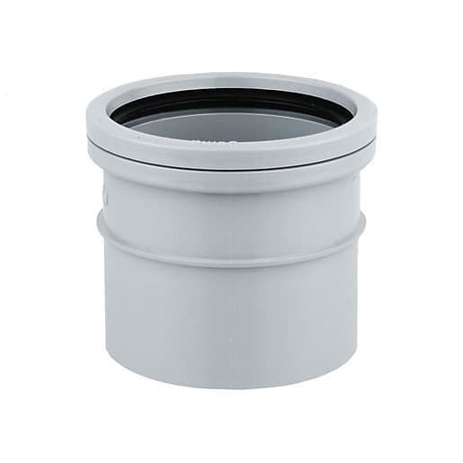 Grey 110mm solvent-welded single socket pipe fitting with a smooth exterior and a rubber sealing ring for secure connections, made from durable plastic material.