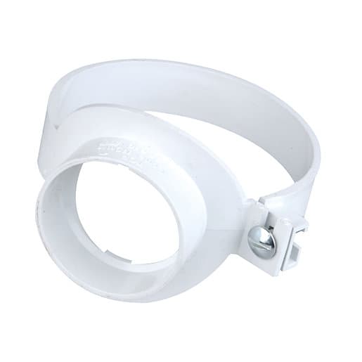 White plastic strap boss with a 110mm diameter opening, featuring a secure fastening mechanism and smooth, durable finish for plumbing applications.
