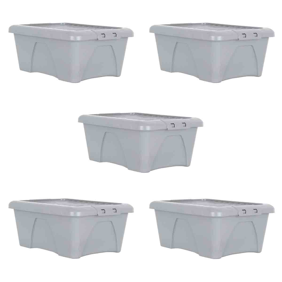 Set of five soft grey 34L storage boxes with lids, featuring a textured surface and sturdy design, ideal for home organization and upcycling projects.