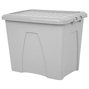 Soft grey 75L storage box with a lid, featuring a ribbed top and sturdy handles, made from durable plastic for versatile home organization.