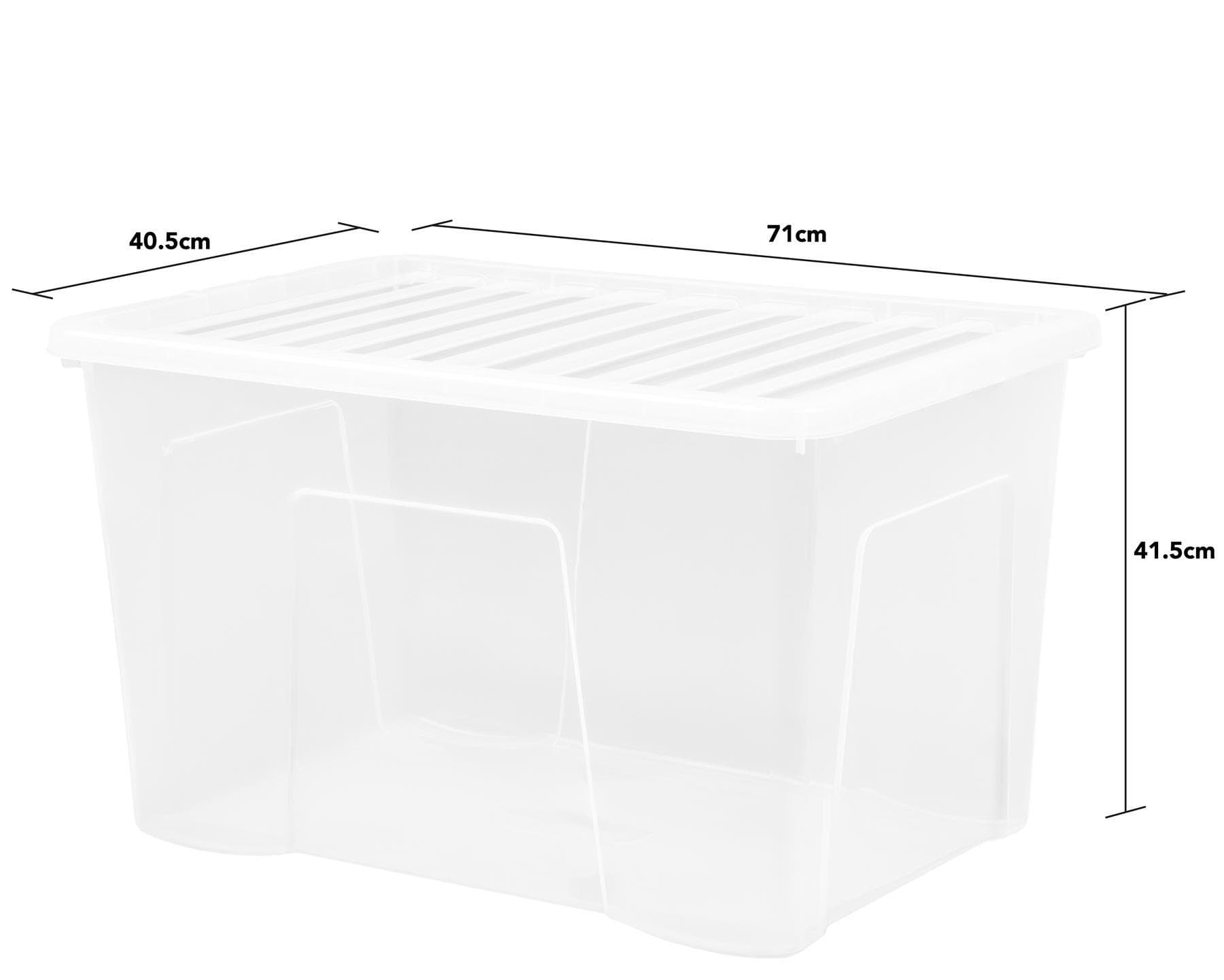Clear plastic storage box with a slotted lid, measuring 71cm x 40.5cm x 41.5cm, designed for underbed use and stackable for efficient organization.