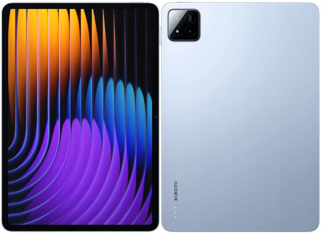 Xiaomi Pad 7 tablet in blue, featuring an 11.2-inch display, 8 GB RAM, and 256 GB storage, with a sleek design and a vibrant, colorful screen.