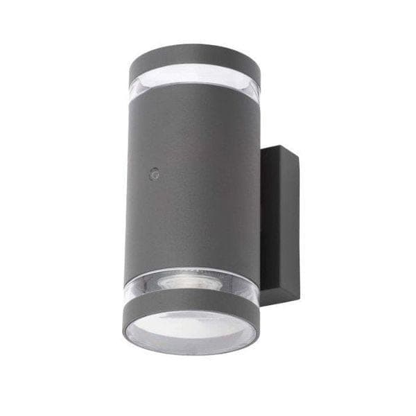 Anthracite-colored cylindrical outdoor wall light with a sleek metal finish, featuring a dusk-to-dawn sensor and clear glass sections at the top and bottom.