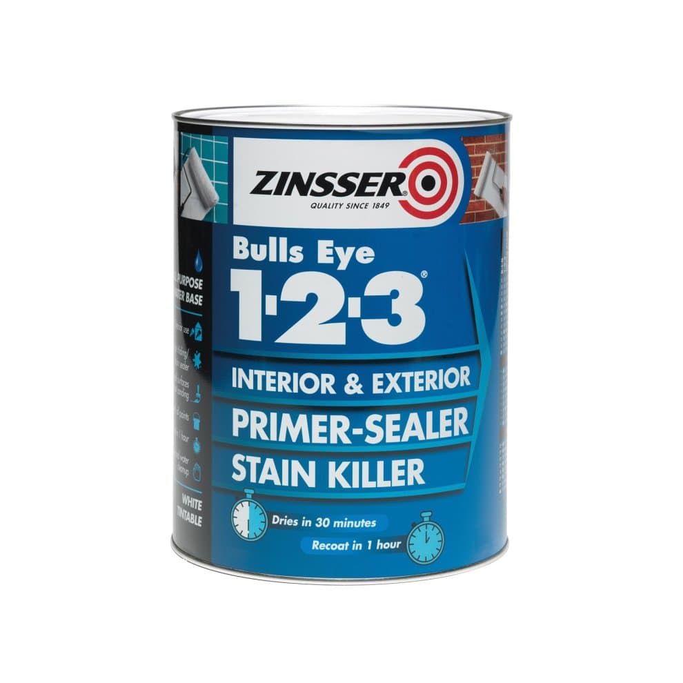 Zinsser Bulls Eye 1-2-3 Primer & Sealer in a 1-litre metal can, featuring a bright blue label with white text, indicating it's suitable for interior and exterior use, and dries quickly.