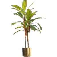Artificial Dracaena plant with long green leaves in a gold metal planter, 100cm tall.