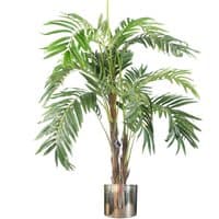 Realistic 120cm artificial palm tree with lush green fronds in a sleek silver metal planter.