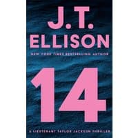 "14" book by J.T. Ellison, blue textured cover, bold pink title and author text, thriller genre.