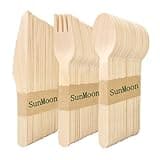 150-pack wooden cutlery set with 50 spoons, 50 forks, 50 knives, eco-friendly, plastic-free packaging by SunMoon.