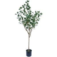 Artificial eucalyptus tree with lush green leaves in a black pot, 150cm tall, realistic branches and foliage.