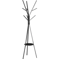 Black metal coat rack with multiple hooks and round shelf, standing on tripod legs.