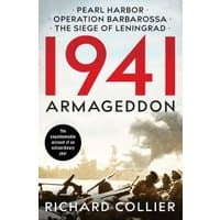 "Book titled '1941 Armageddon' by Richard Collier, featuring soldiers and smoke on the cover, with war events listed above."