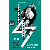 Teal book cover titled "1947" by Elisabeth Åsbrink, featuring black and white historical photos and a rifle illustration.
