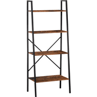 4-tier ladder shelf unit with black steel frame and wooden shelves, minimalistic design for home display and storage.