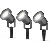 Black 4lite GU10 outdoor garden spike lights, cylindrical shape, pack of 3, with adjustable heads and sturdy ground spikes.