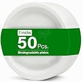50 pack of white 7-inch bagasse plates with green label, eco-friendly, compostable, oil and cut resistant.