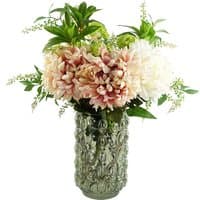 Artificial chrysanthemum bouquet in ornate 55cm glass retro vase with pink and white blooms, green foliage.