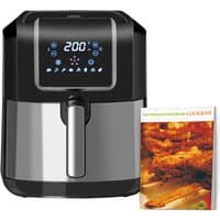 Black and silver digital air fryer with LED display, control panel, and cookbook alongside.