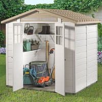 Beige and white plastic double door shed with apex roof, window panels, and garden tools inside.