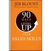 Orange book cover titled "90 Days to Level Up Your Sales Skills" with white and black text and an upward arrow.