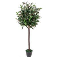 90cm artificial olive bay topiary tree with lush green leaves and small olives in a black pot.