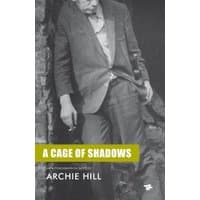 Book "A Cage of Shadows" by Tangerine Press, black and white cover with a man in a suit leaning against a wall.