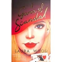 "A Game of Scandal" book with a woman's face, red lips, and playing cards, by Laura Wood.