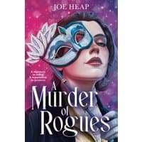 Book cover for "A Murder of Rogues" featuring a woman in a blue mask against a starry purple background.