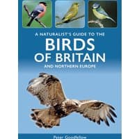 Blue book cover, "A Naturalist's Guide to the Birds of Britain and Northern Europe" with bird images and flying hawk.