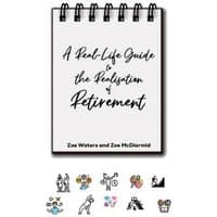 Spiral-bound book titled "A Real-Life Guide to the Realisation of Retirement" with small colorful icons at the bottom.