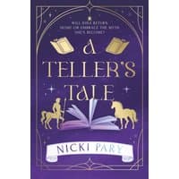 Purple hardcover book "A Teller's Tale" with gold text, open book illustration, and horse silhouettes.
