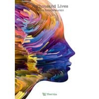"A Thousand Lives" book by Ybernia, cover with vibrant abstract face in swirling colors.