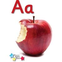 Red apple with a bite taken out, featuring large red "Aa" text above and colorful stars at the bottom.