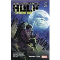 Comic book cover titled "The Immortal Hulk: Abomination" featuring a man sitting in a graveyard with a large face in the moon.